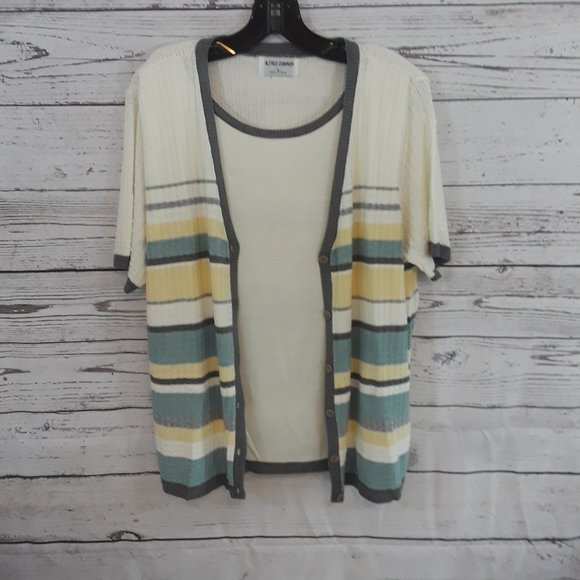 Alfred Dunner Knit Top Cream Pale Yellow Teal Gray - Picture 2 of 6